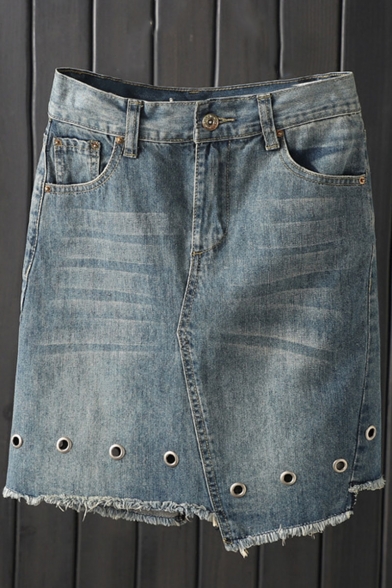 Plain Womens Hot Stylish Beading Embellished Pocket Zip-Up Tassel Hem Mini Skirt