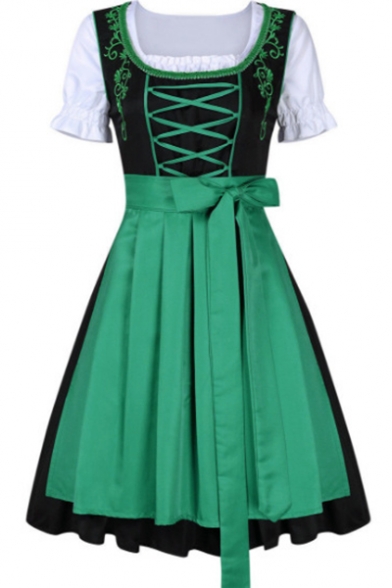 Popular Comic Maid Cosplay Costume Square Neck Puff Sleeve Lace-Up Front Bow-Tied Waist Midi Flared Dress