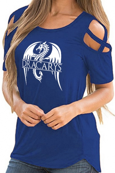 Popular Dragon Dracarys Pattern Round Neck Hollow Out Short Sleeve Casual Loose Tee