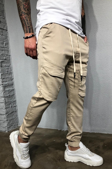 Popular Fashion Solid Color Double Flap Pocket Drawstring Waist Elastic Cuffs Men's Casual Pencil Pants