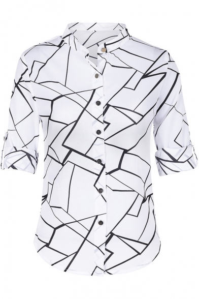 Simple Line Printed Stand Collar Button Down White Fitted Shirt Blouse