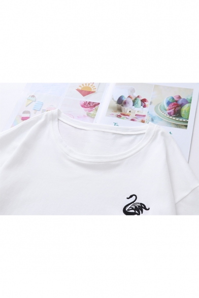 Simple Swan Embroidery Round Neck Short Sleeve Casual T-Shirt