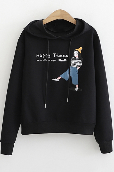 Students Cartoon Girl Letter HAPPY TIMES Print Long Sleeve Pullover Hoodie