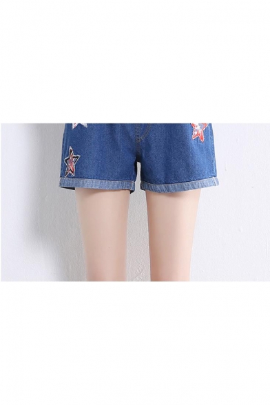 Students Fashion Star Patched High Rise Drawstring Waist Loose Casual Denim Shorts