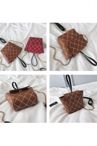 Stylish Diamond Check Quilted Top Handle Crossbody Bucket Bag with Chain Strap 20*15*6 CM
