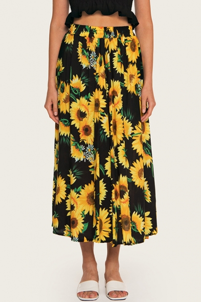 

Summer Boho Style Sunflower Pattern Elastic Waist Maxi Holiday Beach Skirt, LM542533, Black;pink;white