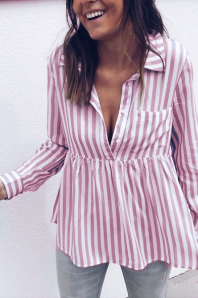 Summer Casual Loose Vertical Striped Printed Long Sleeve Button Front Shirt Blouse