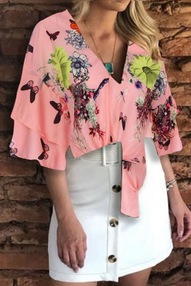 Summer Chic Fancy Floral Printed Layer Ruffled Sleeve V-Neck Tied Blouse