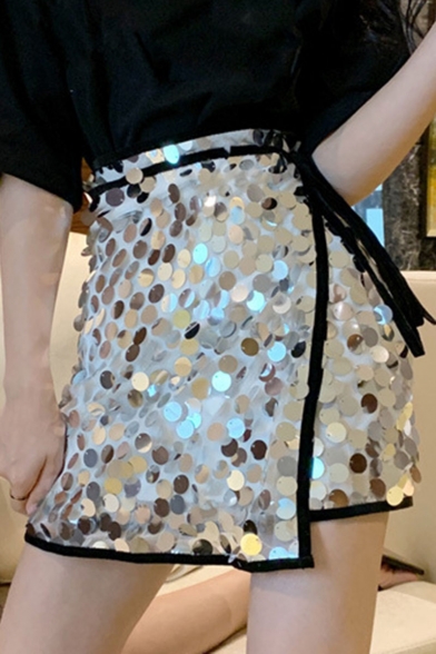 Summer Classic Fashion Sequin Embellished Tie Side Fitted A-Line Mini Wrap Skirt