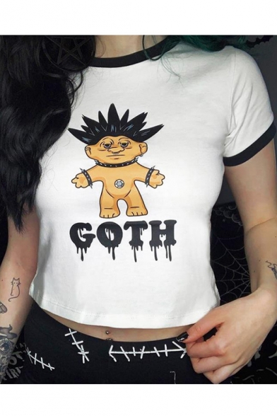 Summer Cool Cartoon Character Goth Printed Contrast Trim Round Neck Short Sleeve White Crop Tee