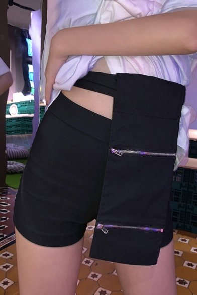 Summer Cool Girls High Rise Zipper Pocket Patched Black Slim Fit Shorts