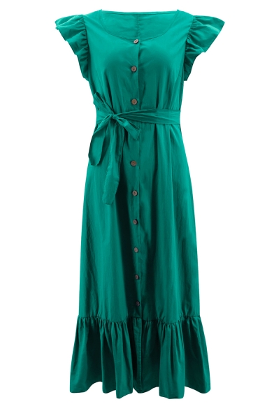 Summer Fancy Simple Plain Scoop Neck Flutter Sleeve Button Down Bow-Tied Waist Maxi Ruffled Dress