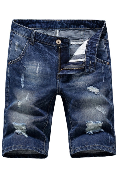 Summer Fashion Ripped Derail Medium Washed Simple Plain Blue Zip-fly Denim Shorts