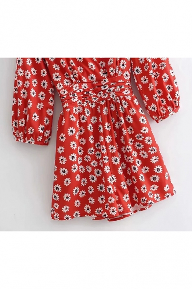 Summer Fashion Womens Red Plunge V Neck Long Sleeve High Waist Floral Print Fitted Beach Rompers