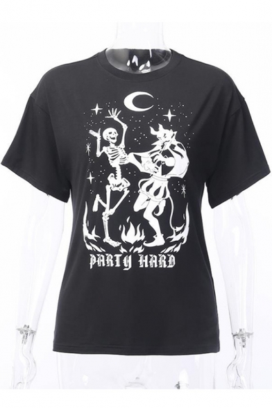 Summer Girls Cool Punk Style Skull Figure Print Short Sleeve Black T-Shirt