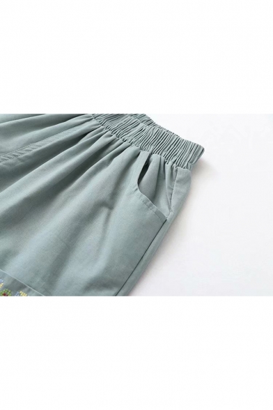 Summer Girls Green Elastic Waist Simple Embroidery Hem Loose Loungewear Shorts