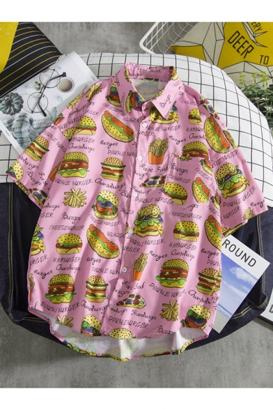 Summer Guys Funny Allover Hamburger Pattern Short Sleeve Cotton Loose Beach Shirt