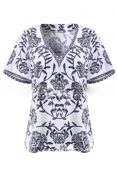 Summer Hot Fashion Elegant Plunge V Neck Floral Printed Short Sleeve T-Shirts