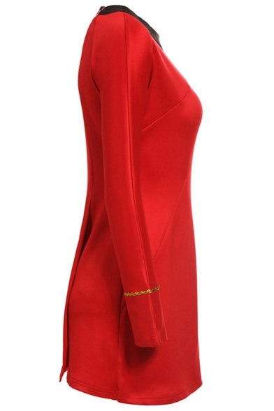 Summer Hot Fashion Star Trek Logo Print Long Sleeves Metallic Stripped Embellished Mini A-Line Dress