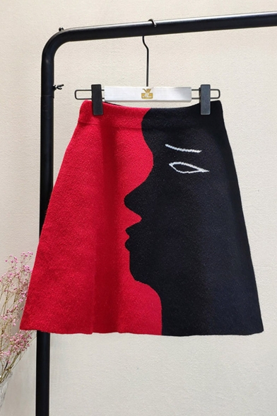 Summer Colorblock Digital Print High Waist A-line Mini Knit Skirt