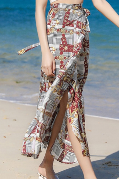 Summer Hot Stylish Chain Print Split Straight Chiffon Wrap Midi Holiday Skirt