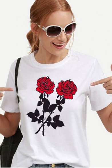 Summer Simple Chic Floral Printed Round Neck Short Sleeve White Casual Tee