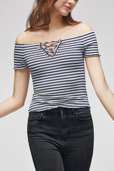Summer Simple Sexy Lace-Up Front Off the Shoulder Short Sleeve Striped Fitted Tee