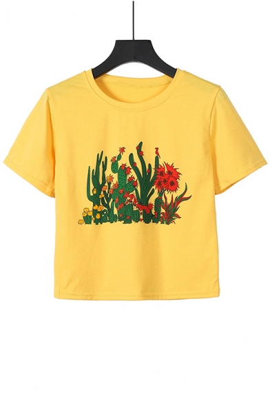 Summer Stylish Cactus Printed Round Neck Short Sleeve Yellow Crop Tee