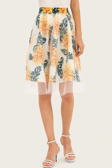 Summer Stylish Floral Printed High Rise Tulle Panel Midi A-Line Skirt