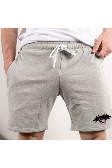 Summer Stylish Wolf Logo Print Drawstring Waist Cotton Casual Sports Sweat Shorts for Men