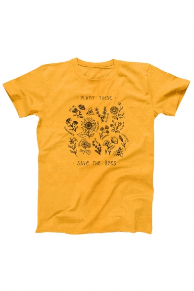 Summer Stylish Yellow Floral Letter Plant These Save the Bees Cotton Loose Graphic Tee