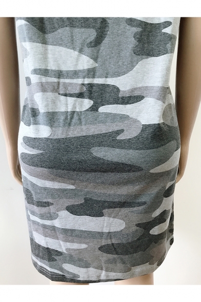 Summer Trendy Army Green Camo Printed Round Neck Mini T-Shirt Dress