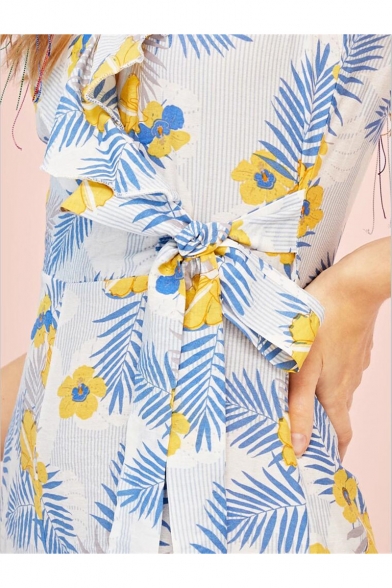 Summer Trendy Ruffle Sleeve Hem Floral Printed V Neck Tie Waist Loose Romper