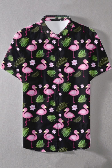Summer Trendy Tropical Leaf Flamingo Printed Short Sleeve Beach Hawaiian Shirt
