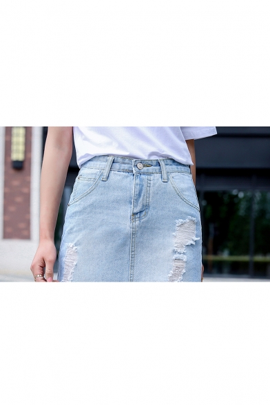 Summer Women's High Rise Distressed Ripped Fringed Asymmetric Hem Mini Blue Denim Skirt