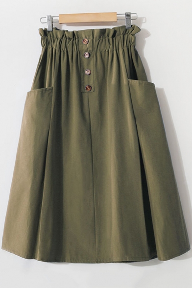 Summer Womens Simple Plain Elastic Waist Button-Fly Midi Cotton A-Line Skirt with Pocket