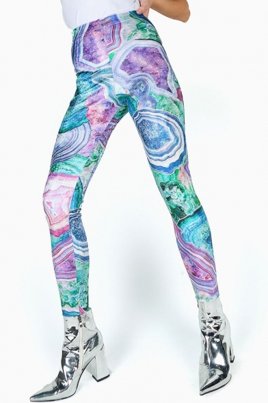 Trendy Chic Womens High Waist Multicolor Abstract Printed Stretch Shaped Fitted Legging Pants