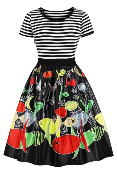 Trendy Striped Cartoon Fish Printed Round Neck Short Sleeve Midi Black Fit and Flared Dress