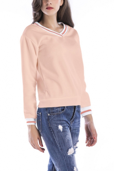 Trendy Striped Trim V-Neck Long Sleeve Casual Pink Sweatshirt