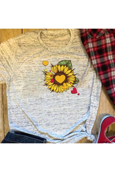 Trendy Summer Heart Sunflower Print Short Sleeve Loose Fit T-Shirt