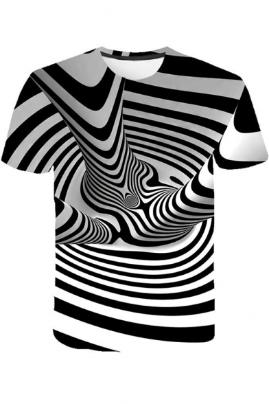Unique Black and White Stripe Whirlpool 3D Print Short Sleeve Tee