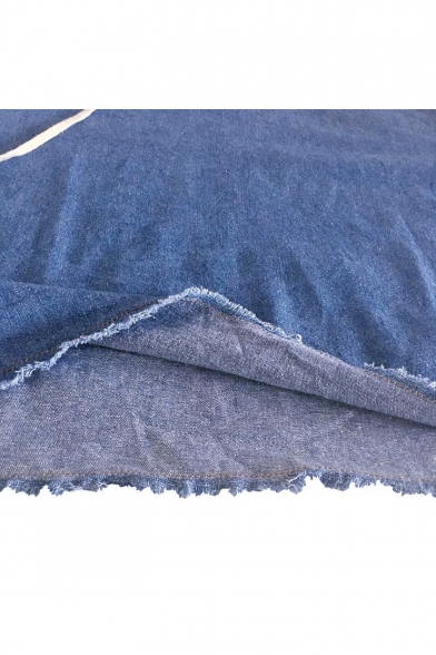 Unique Denim Blue Simple Plain Destroyed Ripped Long Sleeve Loose Drawstring Hoodie