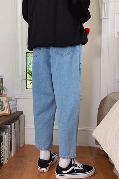 Unisex Cartoon Figure Printed Straight Wide Leg Blue Casual Jeans