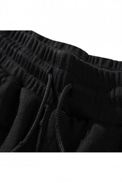 Unisex Summer Trendy Mental Holes Embellished Simple Plain Black Cotton Relaxed Sweat Shorts