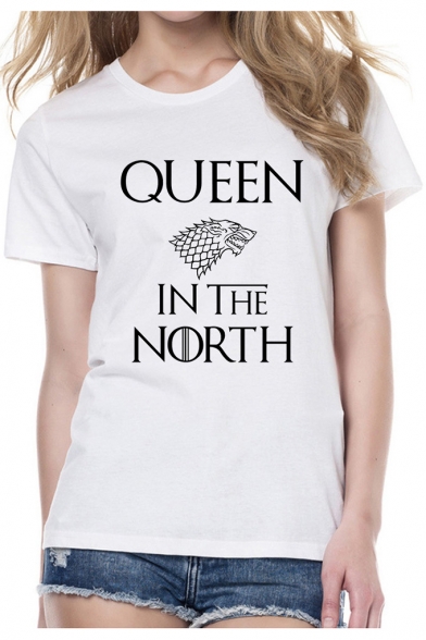 Wolf Letter QUEEN IN THE NORTH Pattern Round Neck Short Sleeve White Tee