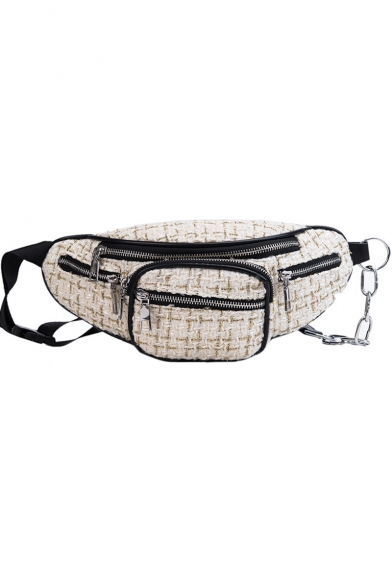 Women's Fashion Multi-zipper Plaid Pattern Hairy Waist Belt Bag 37*15*5 CM