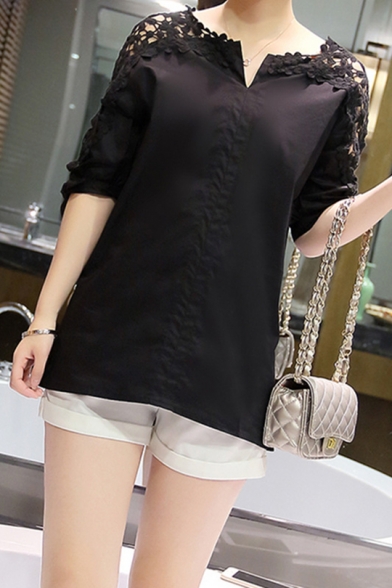 Womens Chic Fashion Hollow Out Lace Patched V-Neck Simple Plain Casual Blouse