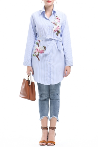 Womens Chic Floral Embroidery Long Sleeve Tied Waist Blue Striped Longline Shirt