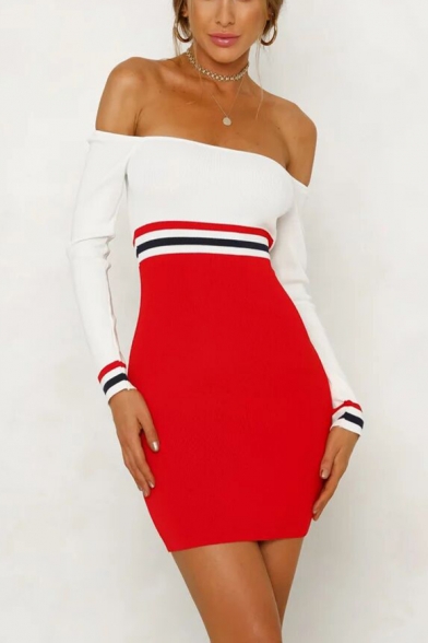 

Womens Chic Simple Stripe Two-Tone Patched Off the Shoulder Long Sleeve Red Mini Bodycon Dress, LM545182