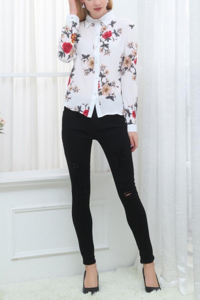 Womens Chic White Floral Pattern Long Sleeve Button Down Fitted Shirt